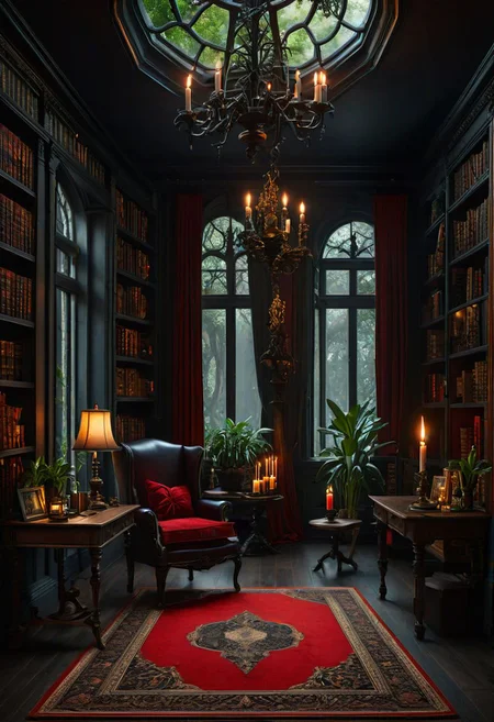 ((masterpiece, best quality)), high resolution, highly detailed, 32k picture, realistic, professional photo, Dark Academia, indoors, dark theme, tree, no humans, window, chair, table, plant, lamp, candle, library, red carpet, candlestand, chandelier, books,
