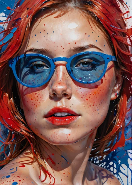 painting in red and blue, close-up of a young girl with freckles and sun glasses, <lora:MS_AcrylicArt_V1_SDXL:0.8> acrylic_painting, painting, brush strokes, paint drops, (paint splatter:1.5)