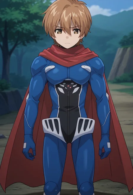 score_9, score_7_up, source_anime
miwahiro,1boy, male focus, solo, brown eyes, brown hair, hair between eyes, armor, bodysuit, blue bodysuit, cape, red cape,
outdoor,