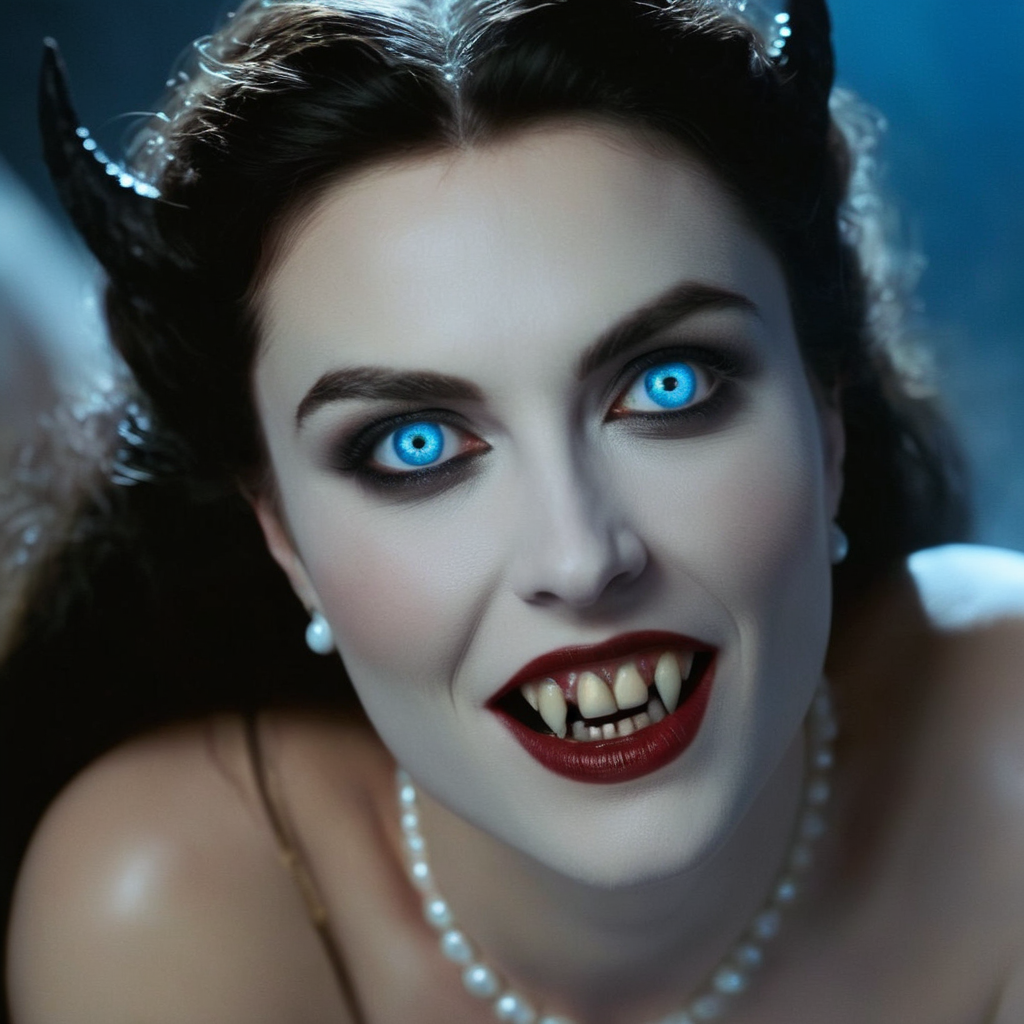 cinematic film still of  <lora:vampire fangs teeth 2:1.2>
Gorgons in Greek mythology Frank Frazetta painting of a gothic Female Vampire woman with a very big smile on her face and Vampire Fangs Teeth staring at camera with reflective blue eyes, shallow depth of field, vignette, highly detailed, high budget, bokeh, cinemascope, moody, epic, gorgeous, film grain, grainy