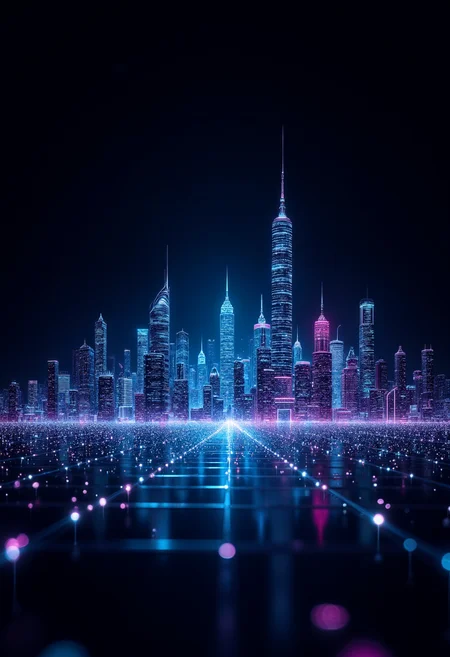 This eye-catching digital artwork features a neon-lit city skyline in wire form with a futuristic background. The black space serves as a canvas for the glowing blue and purple lights that seem to pulse along the building, giving the work a sense of movement and energy. The contrast between the illuminated areas and the dark background creates a striking visual effect and emphasizes the elegance of the skyliner. This work demonstrates the artist's ability to combine traditional art techniques with digital technology, resulting in a stunning holographic style image that captivates the viewer. , <lora:FluxDFaeTasticDetails.safetensors:0.8> <lora:glowing_flux.safetensors:0.8>,