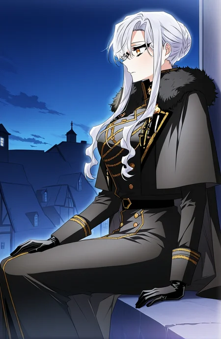<lora:Sigrid__Sigrid__Illustrious v2:1>
Sigrid, 1girl, solo, long white hair, golden eyes, black military uniform, golden decorations, fur-trimmed cape, black gloves, serious expression, elegant, formal, sigrid_black_ceremonial_uniform
score_9, score_8_up, score_7_up, score_6_up, source_anime, masterpiece, best quality, absurdres, highres, newest, anime coloring <break> 1girl, solo, sitting, on wall, from side, town, night sky, cloud