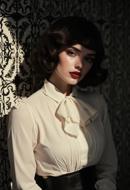 Analog photography, A elegant lady with porcelain skin and an edgy short bob haircut, styled in loose waves, ombre dark hair, frames her angular face, accentuated by bold, dramatic makeup, wearing a white long sleeve ruffle blouse, and large bow around her neck. Her full lips are painted a deep, bold red lipstick, and her eyes are intensely lined with eyeliner. She gazes directly at the camera with a sad smile, echoing the dramatic style. poses against a stark high-contrast geometric patterns wallpaper in the background. The scene is bathed in soft, diffused side lighting, evoking a moody, introspective atmosphere, with deep shadows accentuating lady's face sharp features. A high-contrast aesthetic, characteristic of Neo Noir and Art Deco style, with deep blacks and bright whites, adds to the dramatic tension. Grainy 35mm film texture and subtle sepia. aidmaMJ6.1