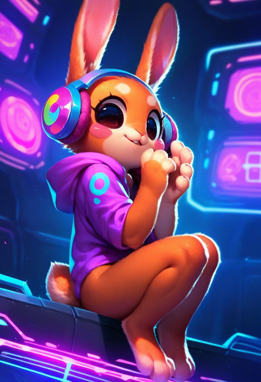 score_9, score_8_up, score_7_up, score_6_up,  _Style, high quality, extremely detailed, very cute girl, rabbit girl, shadowed face, furry, vibrant colors, sitting on spaceship, cute stickers, Cartoon_Type, from side, huge headphones, long ears