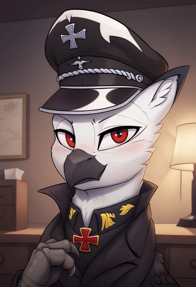 score_9, score_8_up, score_7_up, score_6_up, score_5_up, score_4_up, g4, solo, male, Ferdinand Dawnclaw, griffon, albino, avian, feral, male, (((beautiful detailed red eyes))), white hair, fluff in ears, black beak, closed mouth, smile, white feathers, black talons, wings, portrait, military, black military uniform, iron cross, peaked cap, cabinet, maps, serious, night, lamp, look at you, look at you, blushing, cute, glare, high res, face, portrait, bust