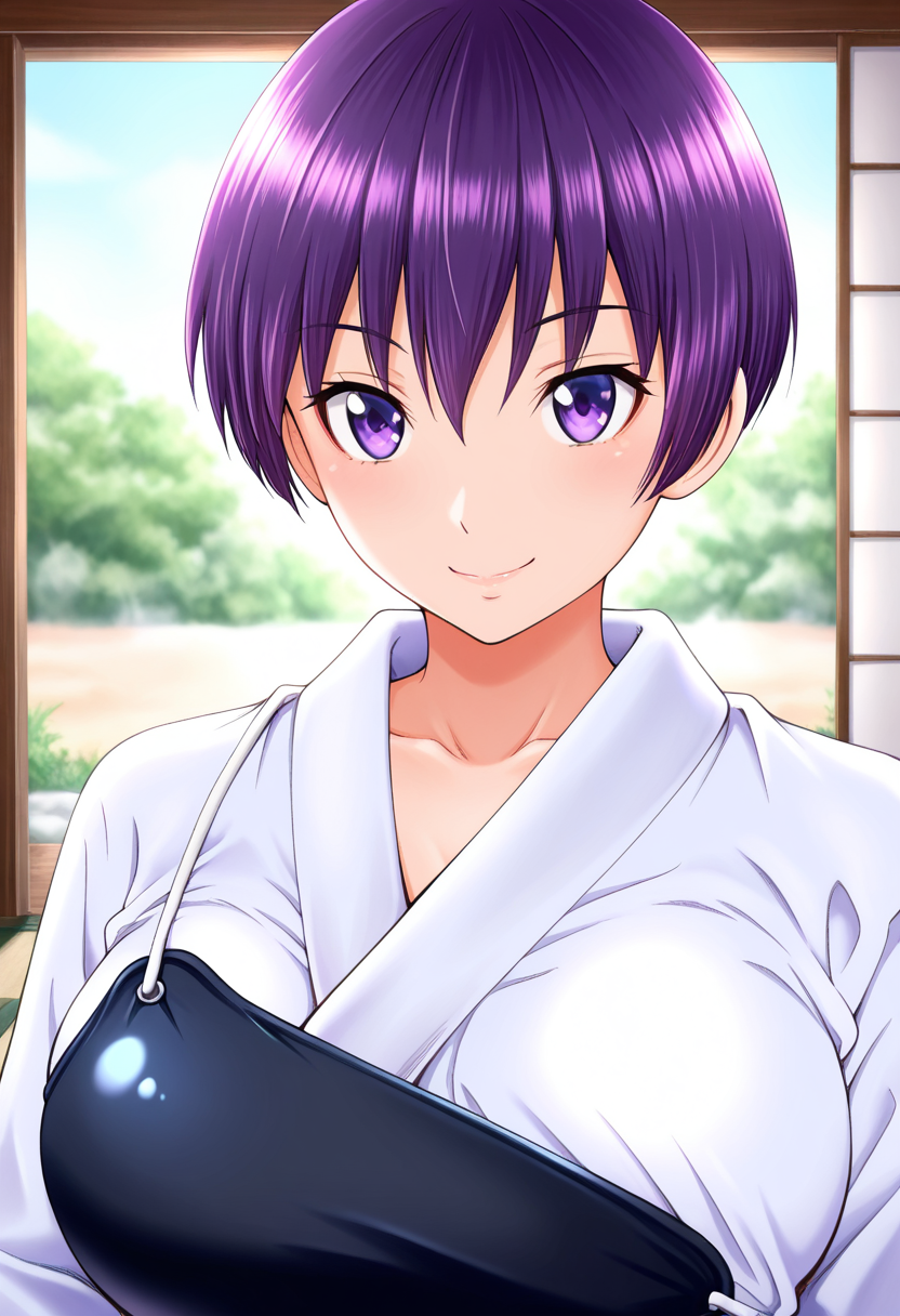 masterpiece, best quality, amazing quality, 1girl, solo, (portrait:1.2), satomiww, tomboy, purple eyes, purple hair, short hair, large breasts, japanese clothes, dougi, muneate, yugake, looking at viewer, smile, indoors, day, skindentation, detailed clothing folds, depth of field, sharp, high contrast, dynamic light <lora:Manabe_Satomi_Hajirai_Body_v24:1>
