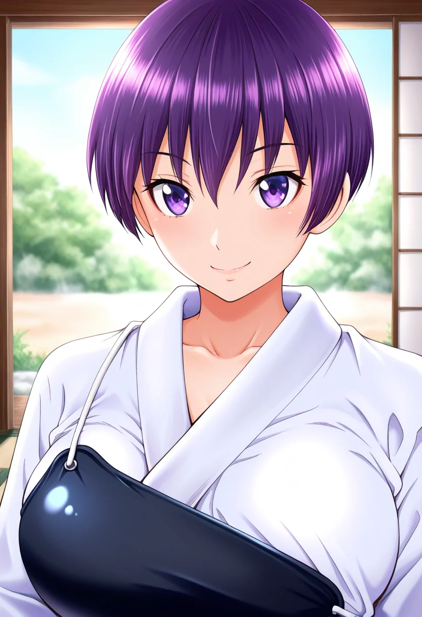 masterpiece, best quality, amazing quality, 1girl, solo, (portrait:1.2), satomiww, tomboy, purple eyes, purple hair, short hair, large breasts, japanese clothes, dougi, muneate, yugake, looking at viewer, smile, indoors, day, skindentation, detailed clothing folds, depth of field, sharp, high contrast, dynamic light <lora:Manabe_Satomi_Hajirai_Body_v24:1>