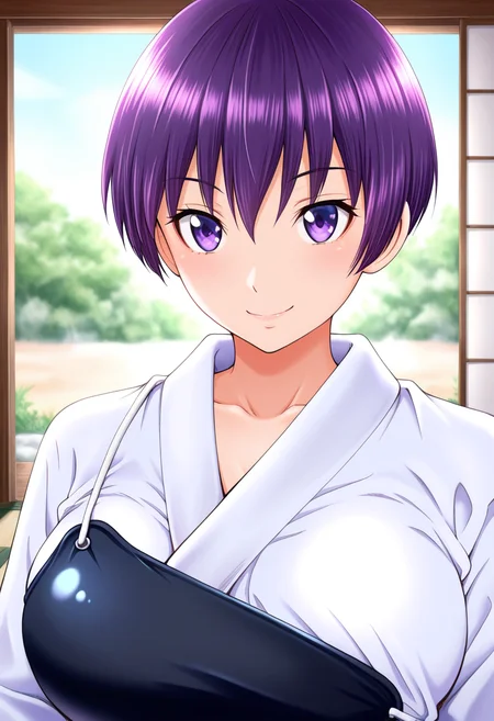 masterpiece, best quality, amazing quality, 1girl, solo, (portrait:1.2), satomiww, tomboy, purple eyes, purple hair, short hair, large breasts, japanese clothes, dougi, muneate, yugake, looking at viewer, smile, indoors, day, skindentation, detailed clothing folds, depth of field, sharp, high contrast, dynamic light <lora:Manabe_Satomi_Hajirai_Body_v24:1>