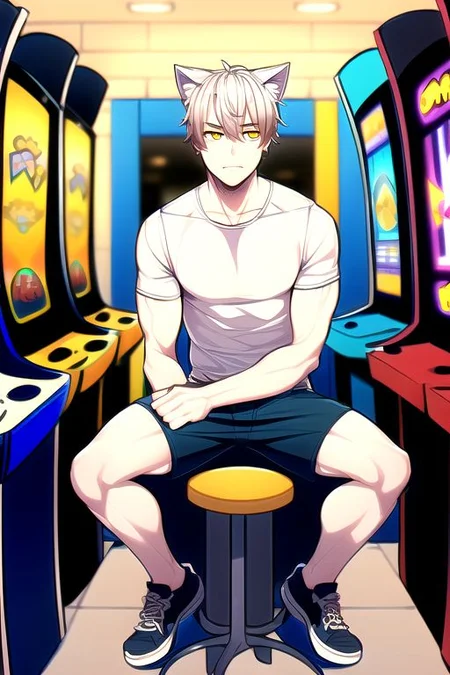 (masterpiece, intricate:1.3), (best quality, hires textures, high detail:1.2), (4k) 1boy, adult male, mature male, man, cat ears, no human ears, short hair, silver hair, yellow eyes, cargo shorts ,tee shirt, sitting on a stool, at an arcade