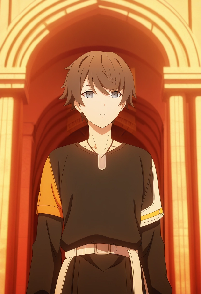 masterpiece, best quality, , anime screencap, , ,, 1boy, solo, male focus, <lora:kanata_synduality_noir_ilxl:1>, kanata_synduality_noir, brown hair, grey eyes, short hair, , , , Colosseum, Rome, towering arches, historical ruins, standing pose, admiring expression, golden hour light,