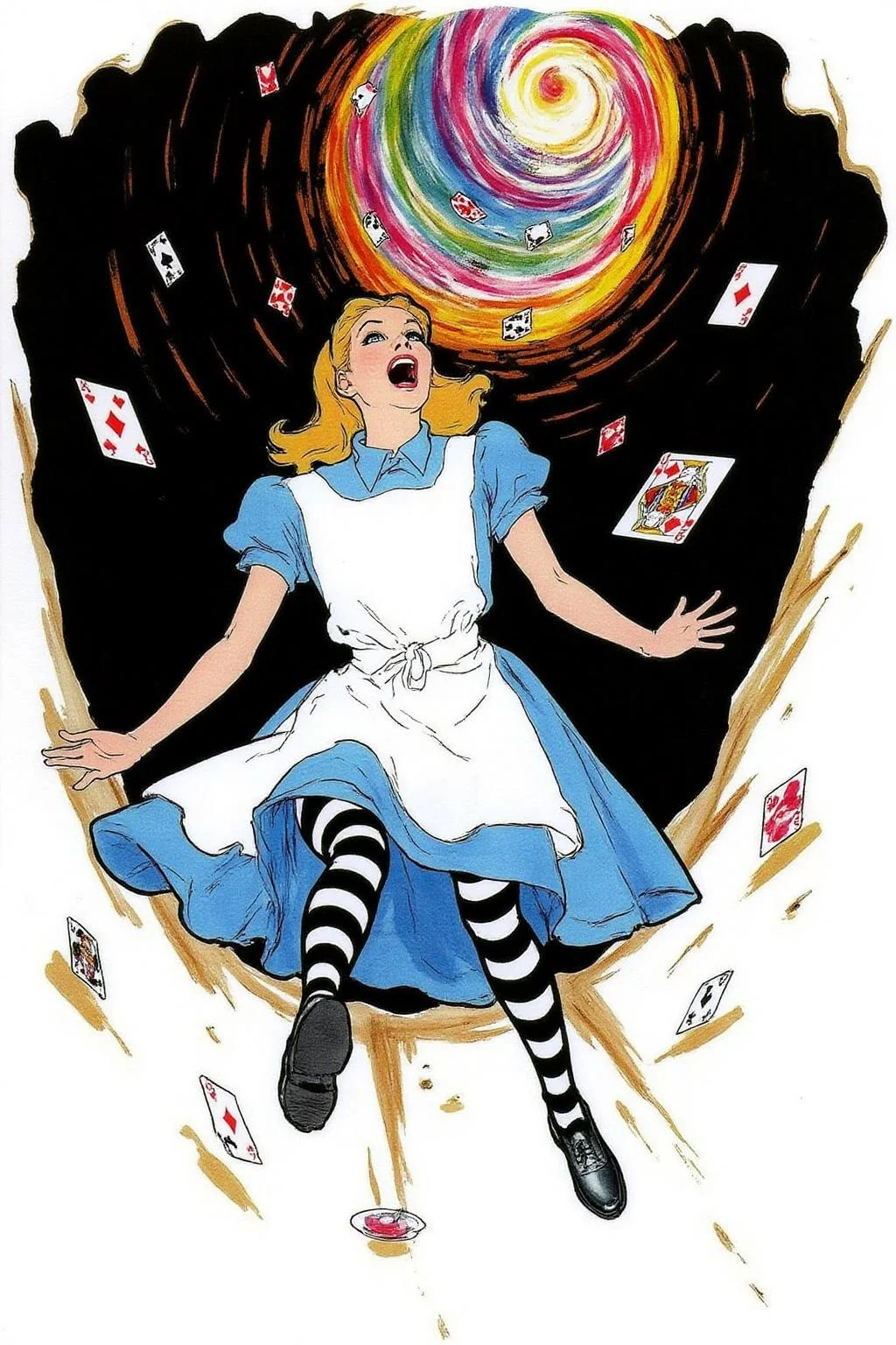 regr1 sketch.
Overhead view of Alice in Wonderland falling into the rabbit hole, with her legs dangling beneath her. She is looking upward, her face filled with shock and terror as she screams. Her blue dress and white apron billow out around her as she tumbles, while her striped stockings and black shoes are visible below. The rabbit hole is a swirling, chaotic mix of vibrant colors, playing cards, teacups, and other Wonderland objects floating around her. Soft glowing light emanates from the tunnel walls, adding an eerie, fantastical feel to the scene. The sense of motion and fear is palpable as Alice falls deeper into the unknown. The background is stark white
<lora:regr1_fashion_nocap_d6a3:1.0><lora:807336788302748125:0>
