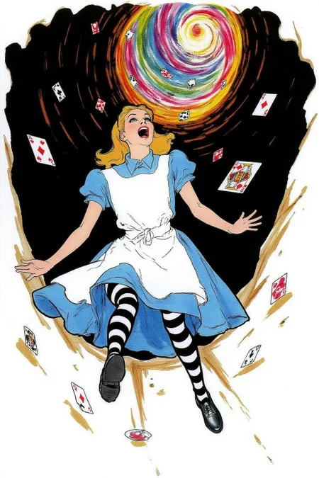 regr1 sketch.
Overhead view of Alice in Wonderland falling into the rabbit hole, with her legs dangling beneath her. She is looking upward, her face filled with shock and terror as she screams. Her blue dress and white apron billow out around her as she tumbles, while her striped stockings and black shoes are visible below. The rabbit hole is a swirling, chaotic mix of vibrant colors, playing cards, teacups, and other Wonderland objects floating around her. Soft glowing light emanates from the tunnel walls, adding an eerie, fantastical feel to the scene. The sense of motion and fear is palpable as Alice falls deeper into the unknown. The background is stark white
<lora:regr1_fashion_nocap_d6a3:1.0><lora:807336788302748125:0>