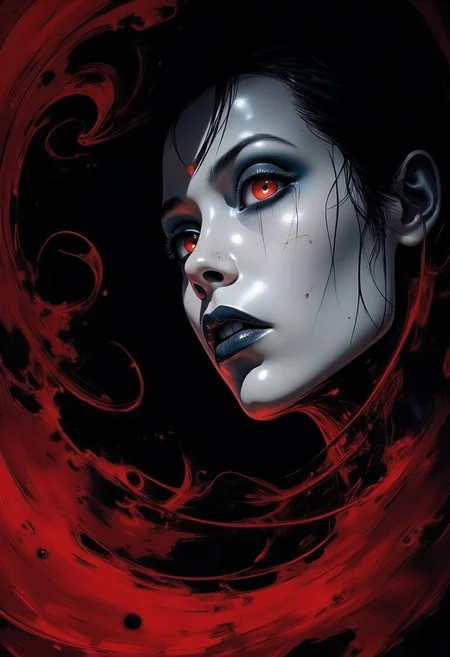 FredFraiStyle, aidmaMJ6.1, drkfnts style
An incredibly detailed portrait illustration of a captivating vampire, viewed from a dynamic angle that emphasizes her alluring yet dangerous nature. The vampire's face fills the frame, her porcelain white skin glowing eerily against the dark background, creating a striking contrast.
Her dark, smoky eye makeup enhances her intense gaze, with deep, dramatic eyeliner that makes her piercing eyes pop. The irises are a deep black, with glowing red pupils that radiate a sinister charm, mesmerizing anyone who dares to look into them. Long, thick lashes frame her captivating gaze, casting soft shadows across her cheekbones, which are subtly highlighted to reflect a ghostly light.
The background swirls with deep shadows and hints of red, suggesting an ominous, gothic atmosphere, perhaps a dimly lit castle or a moonlit forest. Wisps of fog or smoke curl around her, adding an element of mystery and enchantment to the scene. The composition is dynamic, drawing the viewer in as if they're caught in a moment of hypnotic allure and impending danger, perfectly capturing the duality of beauty and menace that defines this enchanting vampire.