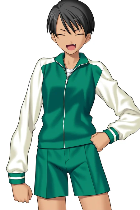 fatesnha, oekaki, 1girl, solo, smile, open mouth, short hair, black hair, long sleeves, standing, jacket, closed eyes, shorts, fang, dark skin, dark-skinned female, hand on own hip, transparent background, tan, clenched hand, androgynous, zipper, track jacket, very short hair, green shorts, tomboy, reverse trap, makidera kaede, 
(masterpiece, best quality, absurdres, highres, newest, very awa:1.2), 
