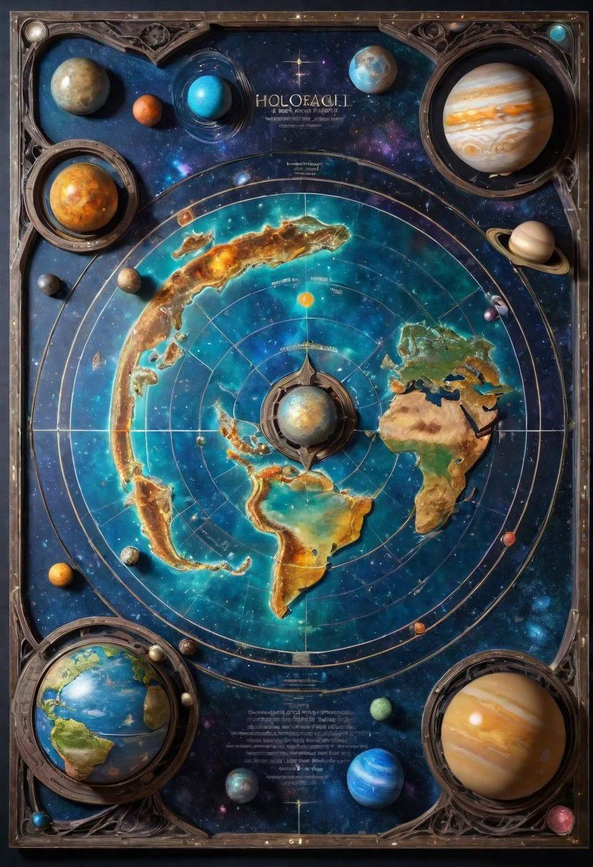 top view of a holographic magical map (3D, solar system), torn and worn, map looks to be floating off the paper, sitting on a wizard's desk, magical multicolored ink, high quality, imagination, 8k, fantasy art, vivid magical colors, style-paintmagic,