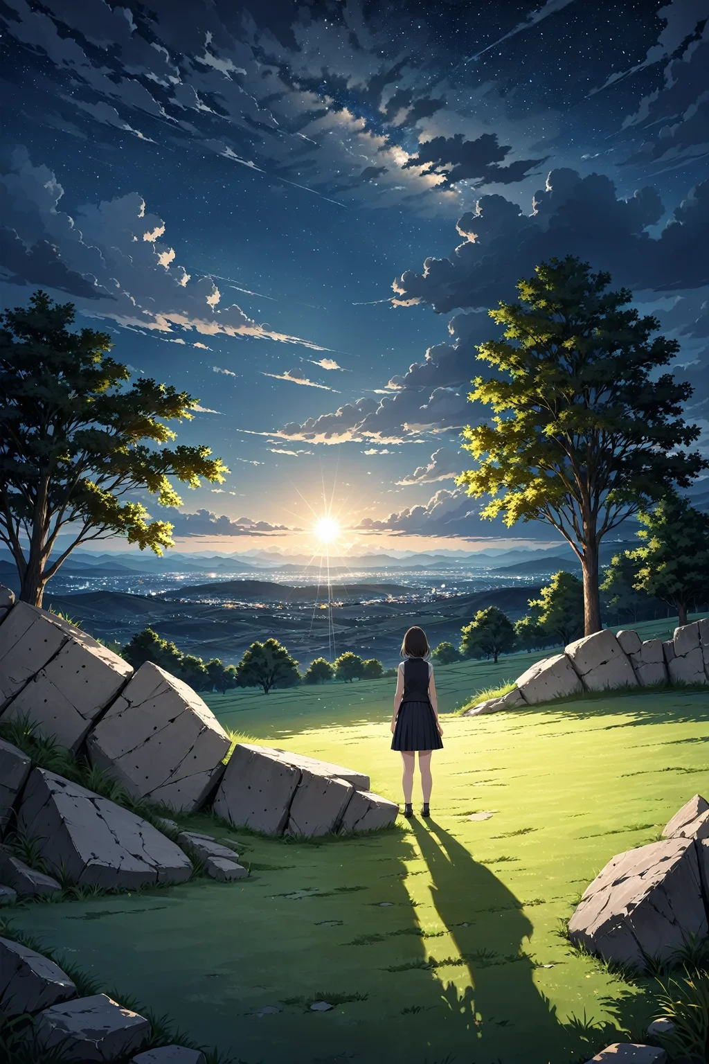 scenery, cloud, cloudy sky, concrete, from behind, grass, night, night sky, outdoors, rock, shadow, skirt, sky, standing, star (sky), starry sky, sun, sunlight, tree, vest, masterpiece, best quality