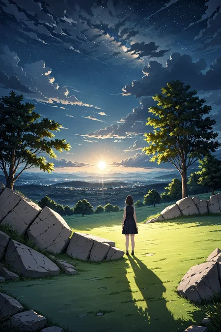scenery, cloud, cloudy sky, concrete, from behind, grass, night, night sky, outdoors, rock, shadow, skirt, sky, standing, star (sky), starry sky, sun, sunlight, tree, vest, masterpiece, best quality
