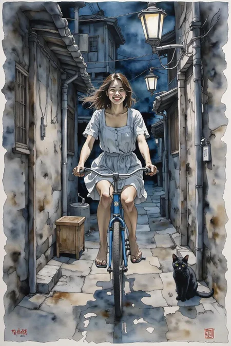 yawc1 watercolor. A Japanese school girl riding a old style bicycle through a narrow, quiet street at night. The happy woman wears a simple, flowing dress. In the corner, a small black cat with piercing eyes sits watching her quietly. The mood is tranquil and slightly magical. Soft lighting, deep blue tones, detailed shading, ethereal, cinematic composition <lora:yawcolor_nocap1_d4a2:1.0> <lora:Flux-Sch-SingleBlocks-BF16:1.0><lora:799522722372855814:0>