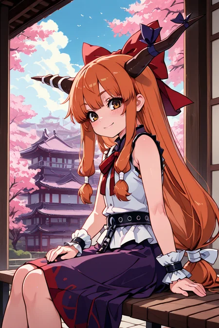 masterpiece, best quality, 1girl, solo, 21 year old model, eyelashes, (beautiful eyes), ,,, <lora:IbukiSuikaTouhouIXL:1.0>, zzSuika, brown eyes, hair bow, horns, long hair, low-tied long hair, oni horns, orange hair, very long hair, horn ribbon, sleeveless shirt, wrist cuffs, bow, ribbon, horn ornament, sleeveless, chain, skirt, shirt, ,,,sitting on bench, side view, looking at viewer solo, smile, pnkBldng, sky, day, cloud, tree, blue sky, building, architecture, east asian architecture, <lora:PinkBuildingIXL_v2:1.0>, <lora:ZankuroIXLLight_v2:0.6>,