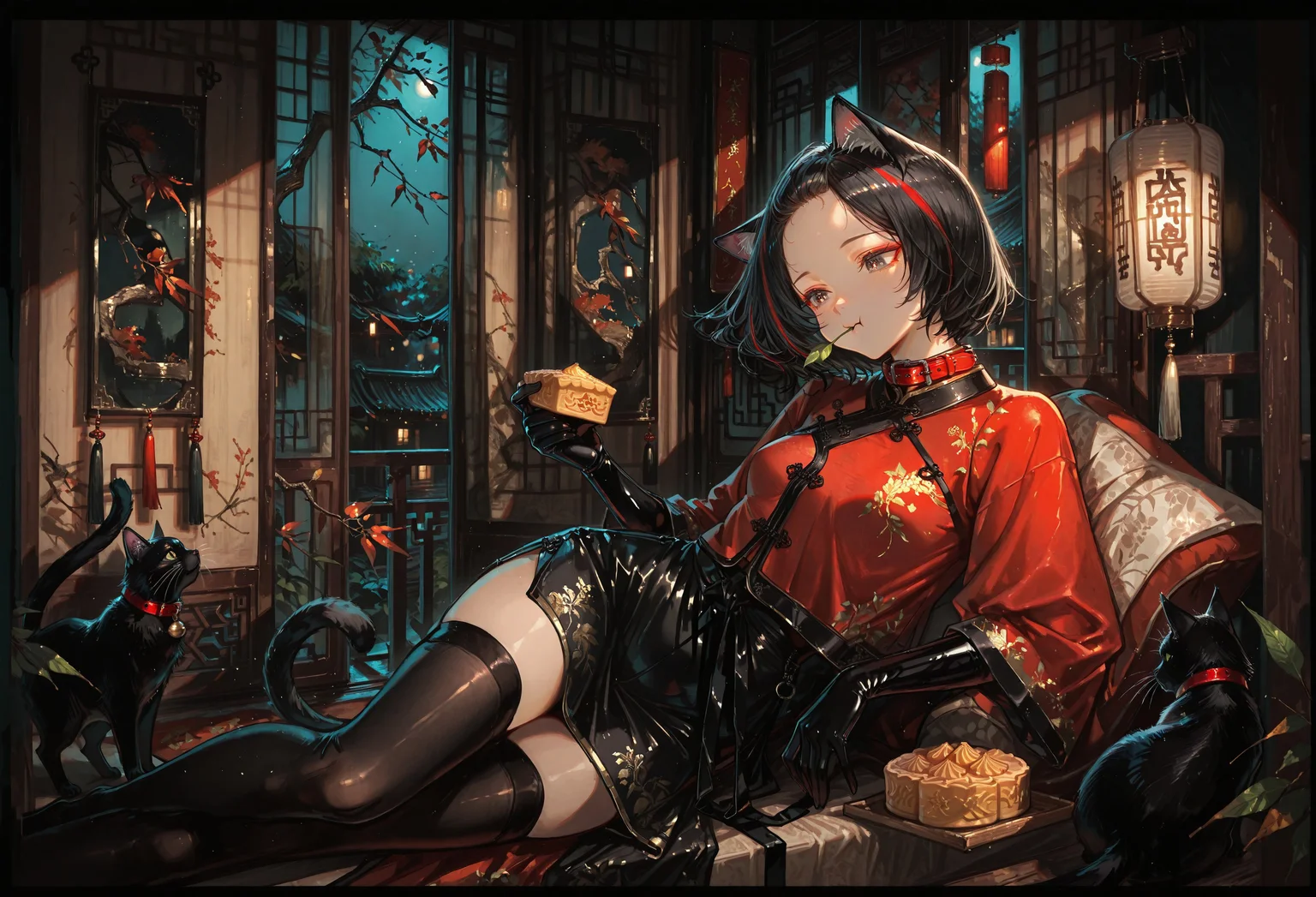 1rregular_b0, hyperdetailed_bg, (realistic_bg:1.2, su22eal_bg:1.2), (full_bg:1.1), (indoors, loaded_interior, rural china, oriental theme, branch, leaf, hanging lantern, windchime, balcony, night, folding_screen), (detailed background), 

(1girl, reclining, holding mooncake, cat, solo, chewing,  look at object), ((vintage_china_clothing:1.3), red haori, black skirt, cat_ears, cat tail, black latex elbow gloves, red collar, black latex stockings), ((great anatomy, correct anatomy, akariL, short hair, black hair, wide forehead, red_streaked_hair, greenish_grey_pupils, red_iris, small breasts)),

(very_wide_shot, upperbody),

((best quality, absurdres, amazing quality, HD, intricate, ultra-detailed, newest, visual impact, very aesthetic, high contrast, eye_focus)), 4K, detailed facial features, detailed clothing features, detailed texture