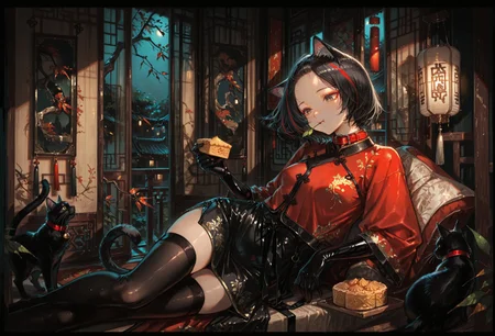 1rregular_b0, hyperdetailed_bg, (realistic_bg:1.2, su22eal_bg:1.2), (full_bg:1.1), (indoors, loaded_interior, rural china, oriental theme, branch, leaf, hanging lantern, windchime, balcony, night, folding_screen), (detailed background),
(1girl, reclining, holding mooncake, cat, solo, chewing, look at object), ((vintage_china_clothing:1.3), red haori, black skirt, cat_ears, cat tail, black latex elbow gloves, red collar, black latex stockings), ((great anatomy, correct anatomy, akariL, short hair, black hair, wide forehead, red_streaked_hair, greenish_grey_pupils, red_iris, small breasts)),
(very_wide_shot, upperbody),
((best quality, absurdres, amazing quality, HD, intricate, ultra-detailed, newest, visual impact, very aesthetic, high contrast, eye_focus)), 4K, detailed facial features, detailed clothing features, detailed texture