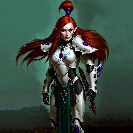 <lora:aeldari_xl_7:1>aeldari, asuryani, banshee, banshee's armor, aeldari's shoulder armor, 1girl, solo, long hair, purple eyes, full body, weapon, red hair, gauntlets, pauldrons, breastplate