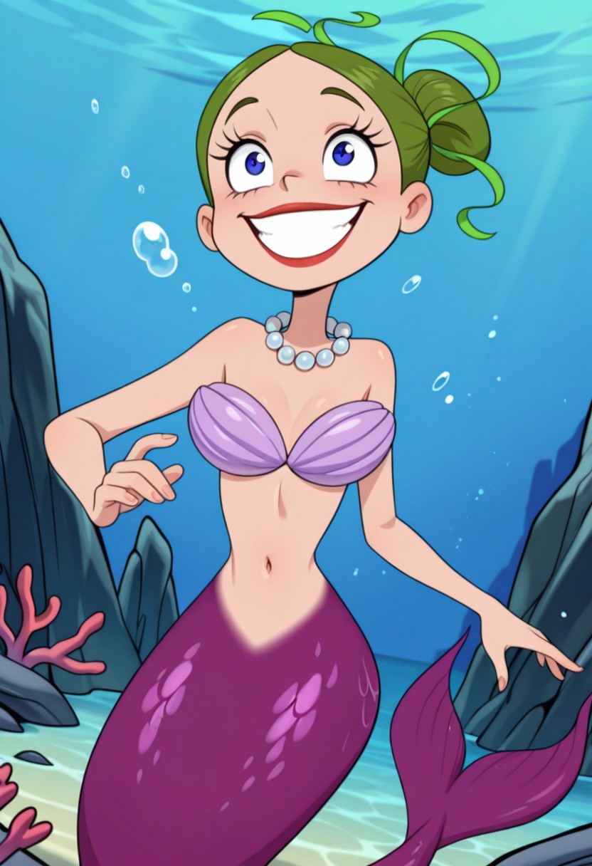 detailed background, solo, 1girl, FtpdMermaid, mermaid, red lipstick, hair in a bun, green hair tie, pearl necklace, purple shell bra, purple mermaid tail, smiling, (((expressive))), head movement, tail shown, solo, ((body movement, hand movement)), underwater, sea life, coral, detailed sea scenery, bubbles, detailed scenery, masterpiece, best quality, amazing quality, absurdres, newest, high res, ultra detailed, best quality, best artwork, detailed eyes, (eyes focus), perfect eyes, big iris, pupils visible, 4k, ultra quality, perfect face