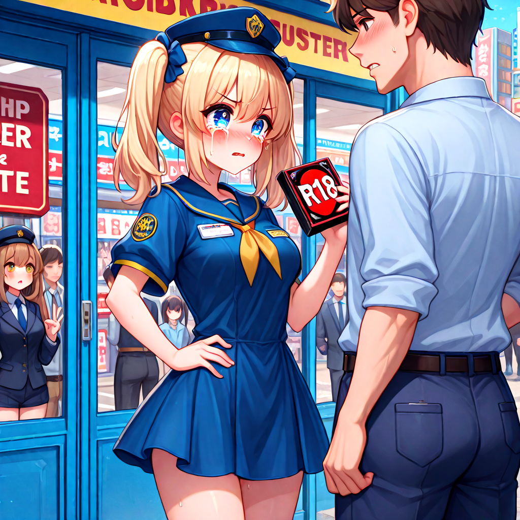 absurdres, explicit, R18 dvd case, R18 text poster, storefront, character print dvd case, holding, 1girl and 1boy, a petite female, shy, blush, unhappy, angry, sweat, breasts, parted lips, twintails, short dress, a tall male, police pants, police uniform, height difference, entrance, glass wall, road, signboard, street, crowd, people, 6+boys, profile, outdoors, looking inside, hand on own hip, crying with eyes open, blockbuster, <lora:girllikeblockbuster-fix_ilxl:1>