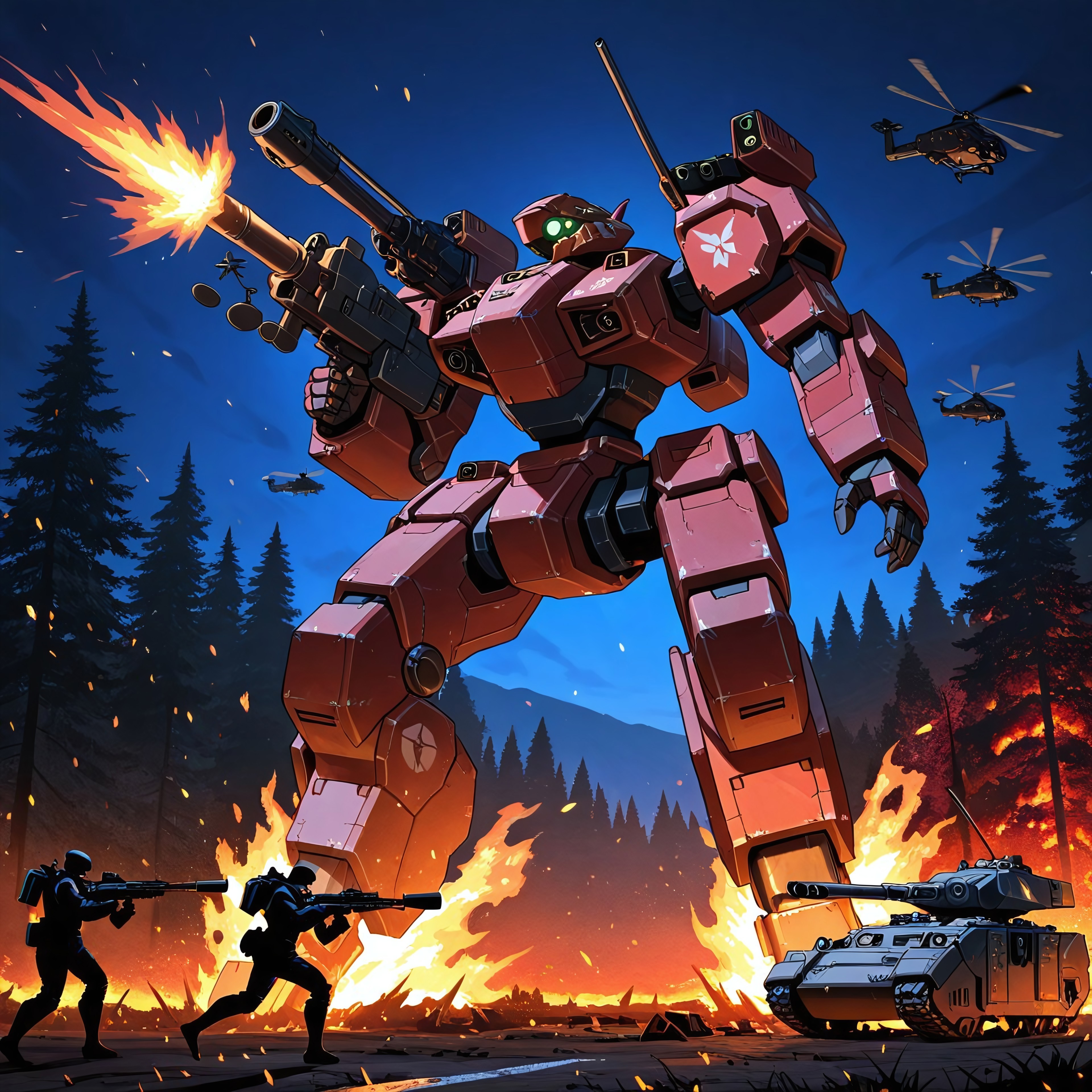 night-time, forest setting, city line in the distance, burning trees, small soldiers, masterpiece, best quality, amazing quality,  detailed background, embers, raging fires, mecha, mechwarrior style, Angular head, humanoid arms, heavily armored body, well proportioned body, smooth metal, holding a bazooka in its hand, stomping on a tank and crushing it beneath the mechs foot, mono eye, glowing Green eye, black and red colored mech, front view, silhouette of mech, looming large, illuminated by fire, heavily armored humanoid legs, shoulder mounted missile pods on the mechs shoulders, large booster pack, wide legs, leg boosters, Detailed hands, Wrecked vehicles, destroyed tanks, helicopters flying in the air, mech focus, running while firing, artillery tanks firing overhead, aerial explosions, smaller soldiers running below the mech, bullets bouncing off the mechs chest
