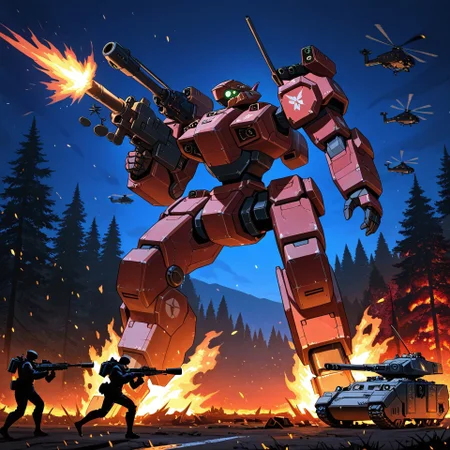 night-time, forest setting, city line in the distance, burning trees, small soldiers, masterpiece, best quality, amazing quality,  detailed background, embers, raging fires, mecha, mechwarrior style, Angular head, humanoid arms, heavily armored body, well proportioned body, smooth metal, holding a bazooka in its hand, stomping on a tank and crushing it beneath the mechs foot, mono eye, glowing Green eye, black and red colored mech, front view, silhouette of mech, looming large, illuminated by fire, heavily armored humanoid legs, shoulder mounted missile pods on the mechs shoulders, large booster pack, wide legs, leg boosters, Detailed hands, Wrecked vehicles, destroyed tanks, helicopters flying in the air, mech focus, running while firing, artillery tanks firing overhead, aerial explosions, smaller soldiers running below the mech, bullets bouncing off the mechs chest