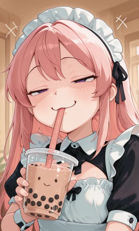 embedding:IllusP0s, bubble tea, drinking, 1girl, pink hair, purple eyes, maid outfit, smug,<lora:bubble tea friend_illustrious.safetensors:1.0:1.0> <lora:g00se_v2_ill.safetensors:0.9:0.9> <lora:CivChan.safetensors:0.8:0.8>