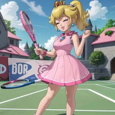 masterpiece, best quality, 4k, high res, detailed, <lora:PrincessPeach2B:0.7>, detailed background, beautiful blue eyes, CARTOON, ANIME, CARTOON ART STYLE, 1girl, solo, breasts, smile, blonde hair, dress, holding, bare shoulders, jewelry, standing, full body, closed eyes, ponytail, earrings, shoes, sleeveless, nail polish, eyelashes, makeup, sleeveless dress, crown, brooch, gem, sneakers, pink dress, pink lips, sportswear, tennis uniform, racket, tennis racket, princess peach, outside, tennis court, clouds,
