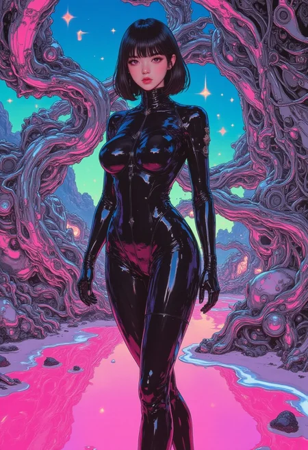 (pingtu style, illustration-fen, niji, gothic, erotic, anime):(Highly detailed:1.3, digital drawn illustration:1.3) A solo adult woman with short, sharply angled black bob cut stands in a poised and assertive stance. Her physique is statuesque and athletic, with sculpted curves and large, natural breasts emphasized by the sleek contours of her skin-tight Jean Grey costume, detailed with subtle textures, segmented patterns, and metallic threading. The luminous multicolors floor beneath her pulses with shifting hues—neon pinks, blues, oranges, and greens—casting soft glows along her boots and outlining her silhouette. Behind her, intricate fractal rocks and crystalline boulders rise in chaotic formations, some hovering mid-air with impossible geometry. Interwoven throughout the scene, glowing dots and thin, radiant lines curve and spiral, forming hypnotic optical illusions that distort perception, suggesting warps in space. The ambient lighting reflects subtly off her costume and the terrain, tying all elements into a harmonized, visually coherent composition that balances depth, color, and surreal design.