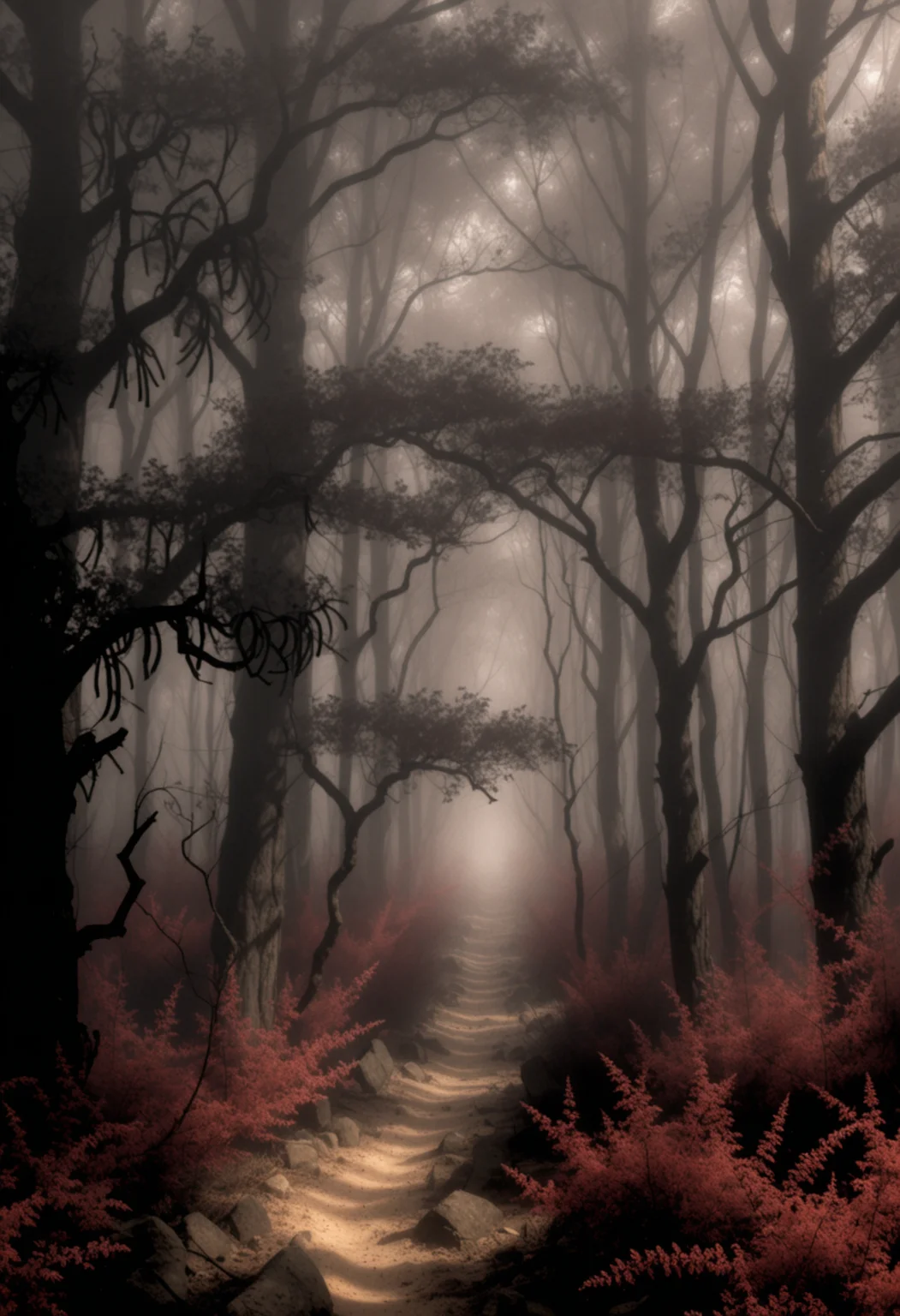 2D illustration scene prototype picture of a blooming forest environment with ominous fog creeping in, whispering winds, haunting atmosphere. With diffuse loop lighting, selective color theme black, white, red, very aesthetic, subsurface scattering, vibrant <lora:dmd2_sdxl_4step_lora>