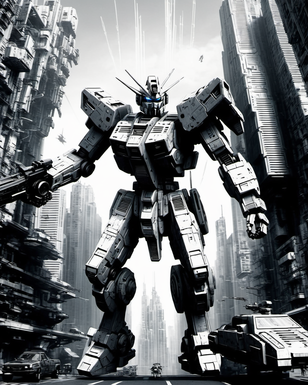 a gundam flying through a futuristic city,cyberpunk,intricate machinery,grayscale,monochrome,art by llbreton, <lora:LLbretonXL-000004:0.6>