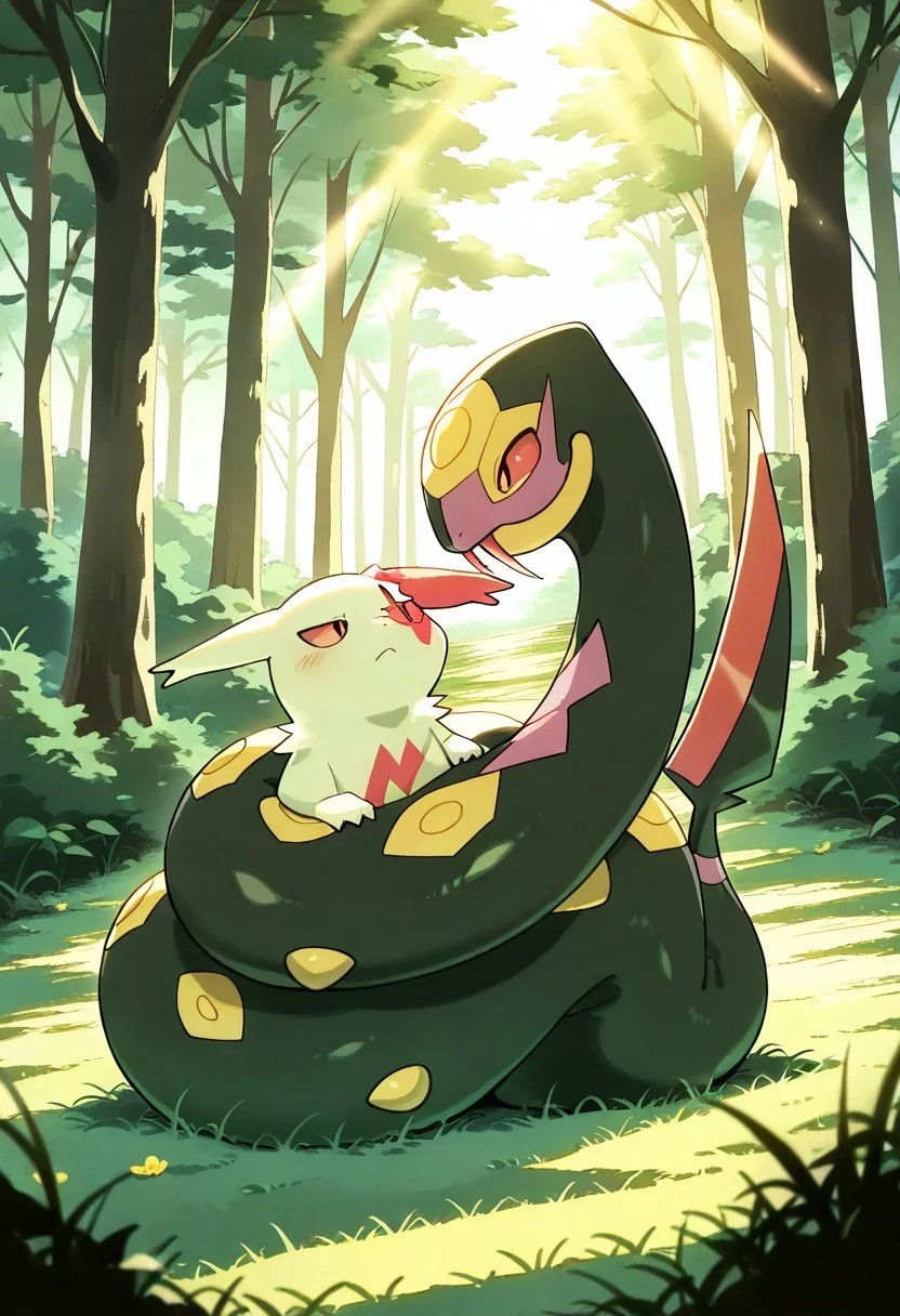 (masterpiece, best quality, high quality, highres), very awa, highres, absurdres,
(chii-kun \(seedyoulater\):0.5), (naguru \(cyoroama\):0.4), 
(no humans:1.1), (cute:1.2), comfy, duo, 
pokemon, pokemon \(species\),
Zangoose bound by snake, wraped,
cosy, meadow, forest, day, sunlight, sun rays,