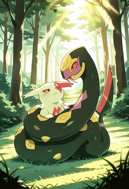(masterpiece, best quality, high quality, highres), very awa, highres, absurdres,
(chii-kun \(seedyoulater\):0.5), (naguru \(cyoroama\):0.4),
(no humans:1.1), (cute:1.2), comfy, duo,
pokemon, pokemon \(species\),
Zangoose bound by snake, wraped,
cosy, meadow, forest, day, sunlight, sun rays,