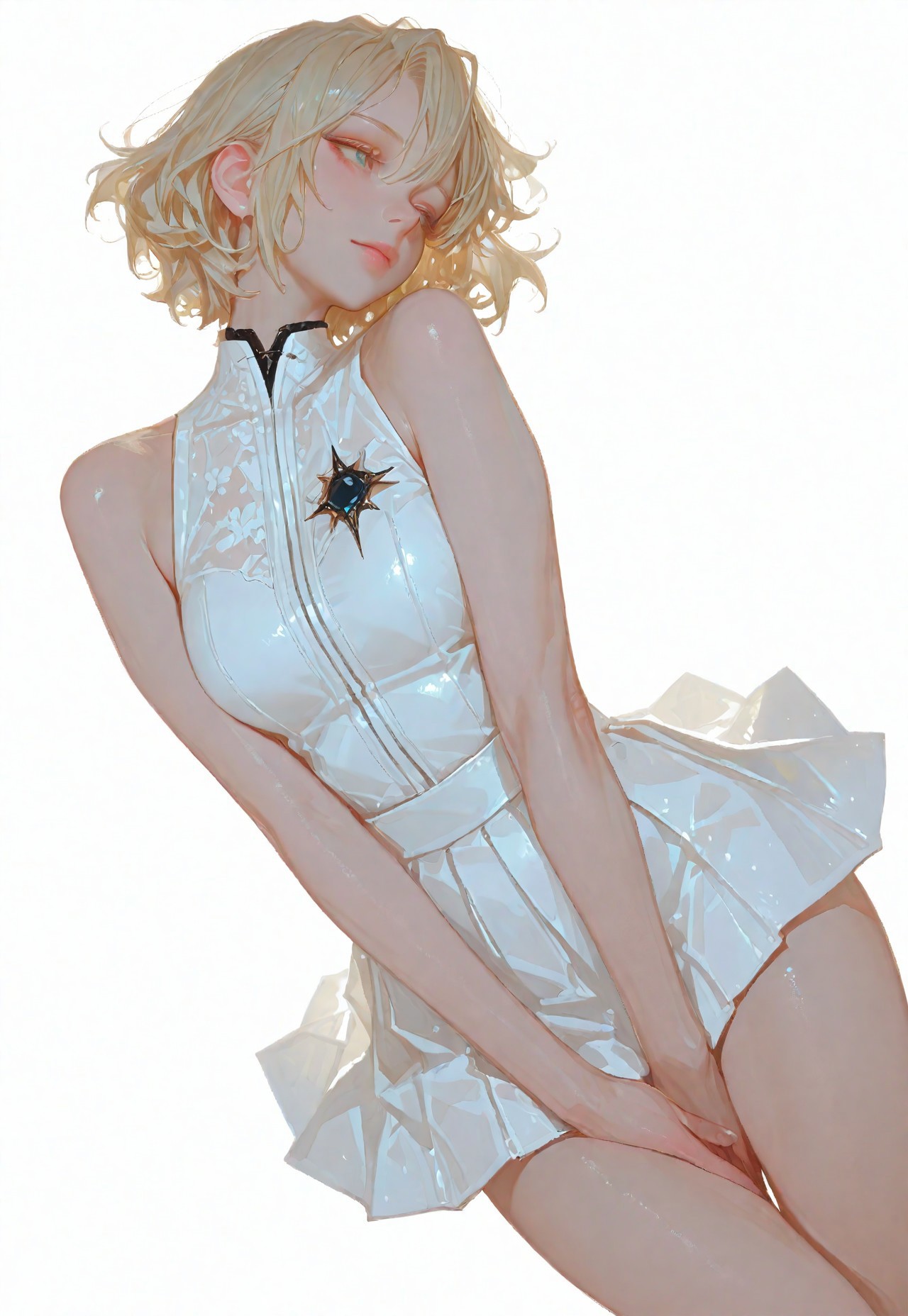  (score_9, score_8_up, score_7_up), white theme, masterwork, masterpiece, best quality, dynamic pose, dynamic angle, (realistic:1.4), (lineless:1.2), detailed, , , aged up, adult, depth of field, blurry, cheekbones, dynamic lighting, high detail, 8k                       girl, kawai girl,Expressiveh, good_hands, best quality,mature woman,          Anime art. 
cute very pretty attractive blonde 21 year old girl, youthful black sun flowing mini dress with pleated skirt, dynamic pose, beautiful face, full front, cinematic lighting, film grain, sharp focus, simple empty white background, amazing pretty eyes, perfect body proportions, true masterpiece, best quality, absurdres, highres, ultra detailed, sleeveless, bare shoulders, gorgeous, stunning, bombshell,