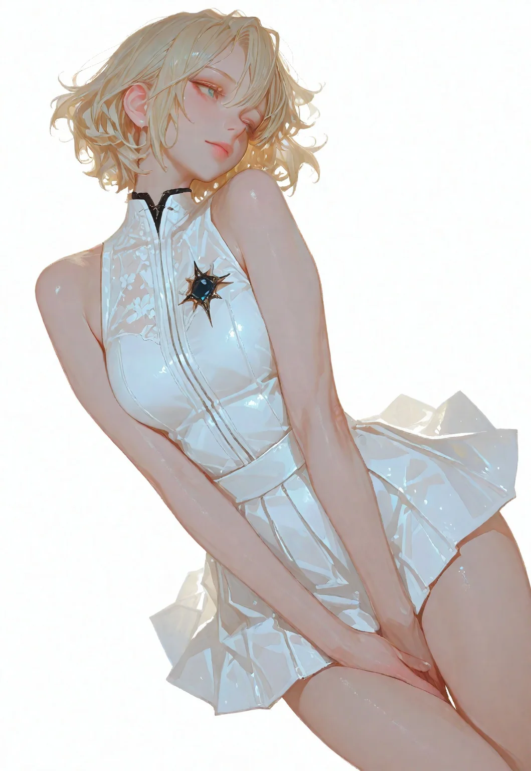  (score_9, score_8_up, score_7_up), white theme, masterwork, masterpiece, best quality, dynamic pose, dynamic angle, (realistic:1.4), (lineless:1.2), detailed, , , aged up, adult, depth of field, blurry, cheekbones, dynamic lighting, high detail, 8k                       girl, kawai girl,Expressiveh, good_hands, best quality,mature woman,          Anime art. 
cute very pretty attractive blonde 21 year old girl, youthful black sun flowing mini dress with pleated skirt, dynamic pose, beautiful face, full front, cinematic lighting, film grain, sharp focus, simple empty white background, amazing pretty eyes, perfect body proportions, true masterpiece, best quality, absurdres, highres, ultra detailed, sleeveless, bare shoulders, gorgeous, stunning, bombshell,