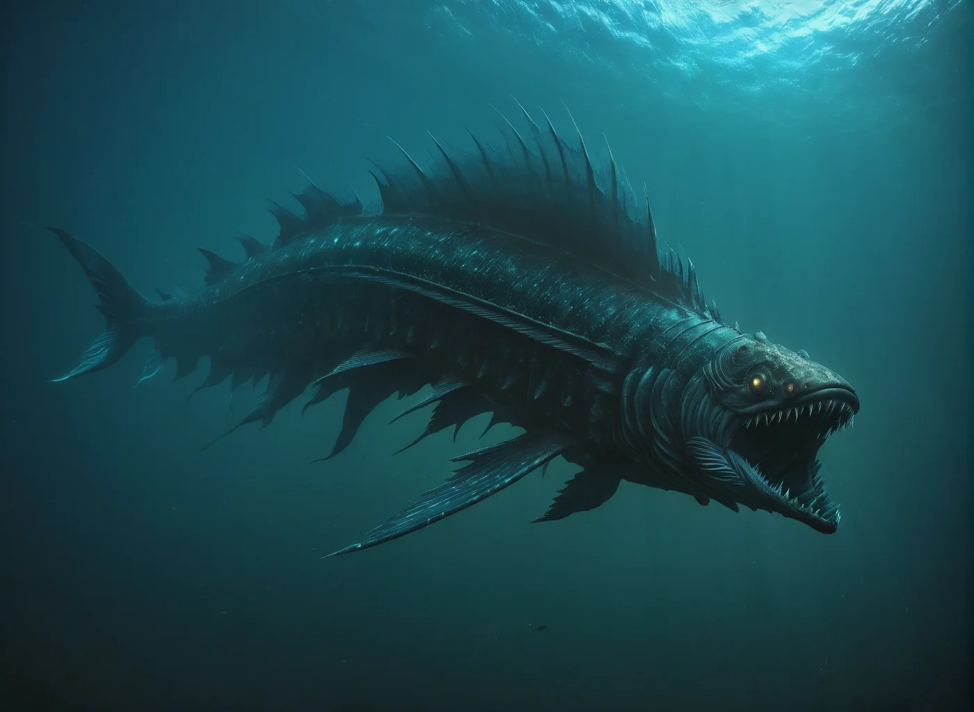 <lora:Leviathan_XL:1> leviathan a sea monster, underwater, under the ocean, depths, fish like, long fins, (masterpiece), best quality, highres, 4k, 8k, intricate detail, cinematic lighting, amazing quality, amazing shading, soft lighting, gloomy colors, dark aura, horror