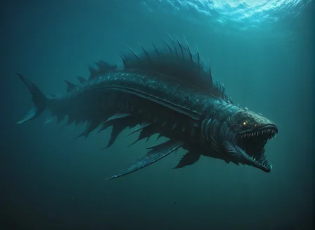 <lora:Leviathan_XL:1> leviathan a sea monster, underwater, under the ocean, depths, fish like, long fins, (masterpiece), best quality, highres, 4k, 8k, intricate detail, cinematic lighting, amazing quality, amazing shading, soft lighting, gloomy colors, dark aura, horror