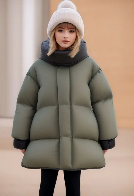 (quilted down coat:1.4), (quilted puffer coat:1.4), (quilted winter clothes:1.4), (puffer hood up:1.4), (down hood up:1.4), (very snowing, very cold:1.4), (full body, ankle winter boots:1.4), (city, street, winter, snow:1.4), (snowing clothes:1.4), walking, daytime, sun, sunlight, (leggings:1.4), thigh boots, green eyes, tsurime, blonde hair, streaked hair, medium hair, light smile, straight hair, dyed bangs, sidelocks, beanie, eyelashes, eyeliner, masterpiece, high quality, best quality, beautiful lighting, realistic lighting, beautiful eyes, beautiful hair, beautiful face, detailed face, high quality face, realistic background, detailed background, (hands behind back:1.5), (from front:1.5), cuffs, collar, (Thick padded cuffs:1.4), (Thick padded collar:1.4), <lora:Collar-SDXL:0.75>, <lora:Cuffs-SDXL:0.75>, <lora:fashion_lora:0.6>