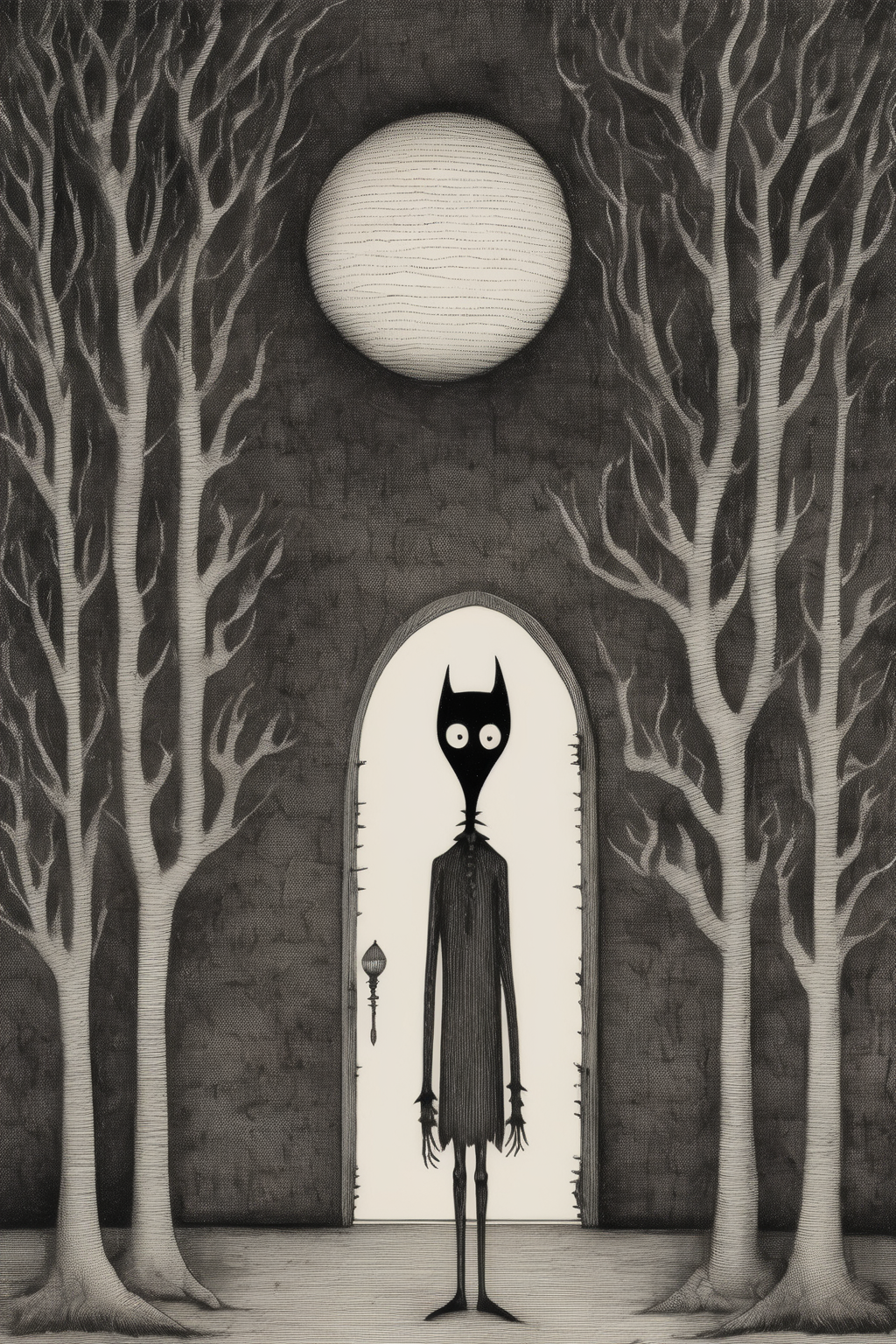 <lora:Edward Gorey Style:1>Edward Gorey Style - A minimalistic black and white ink illustration of a nightmare in the style of Edward Gorey using stark lines and crosshatching, the artwork captures a sense of Victorian elegance and macabre whimsy. The artwork conveys a feeling of intrigue and mystery.