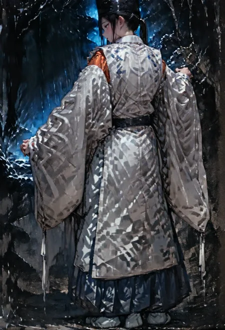 masterpiece, best quality, very aesthetic, absurdres, 1girl, kariginu, from behind, dutch angle, lower body, arm_up, cave, oil painting, <lora:kariginu-XL_001:0.95>