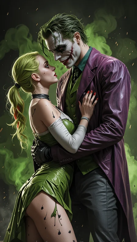 In a swirling cloud of toxic green, the doomed dance of the Joker and Harley Quinn unfolds. Their twisted love story is reflected in their eerie, poison-tinged auras, sending a shiver down the spine of anyone who dares to witness their chaotic chemistry. This haunting image captures a moment of tension and passion between the two iconic characters from the DC universe. The scene is depicted in a beautifully detailed painting, showcasing the intricate details of their costumes and expressions. The vibrant colors and dynamic composition add depth and emotion to the portrayal, making it a truly unforgettable piece of art.