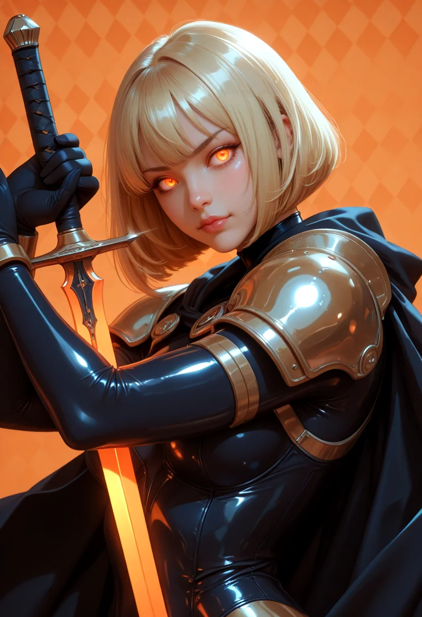 safe_pos, masterpiece, best quality, good quality, very aesthetic, absurdres, newest, 8K, realistic, 1girl, solo, clare, blonde hair, glowing eyes, orange eyes, blonde hair, bob cut, cape, bodysuit, pauldrons BREAK simple background, orange background, argyle background, BREAK upper body, dutch angle, dynamic pose, posing, fighting stance, holding sword, <lora:MoriiMee_Gothic_Niji_Style_Illustrious_r1:0.5> artist:moriimee, <lora:ATRex_style:0.7> TRexStyle, , , (anime coloring, anime screencap), shiny skin,