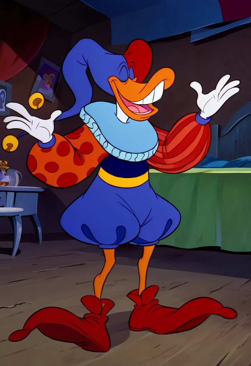 Quackerjack, jester hat, jester cap, blue and red jester cap, bells on the end of the hat strings, trunk hose, Poulaines, ruff collar, puffy sleeves, right striped sleeve, left dotted sleeve, wacky, laughing, masterpiece, quality, score_9, score_8_up, score_7_up,score_9, score_8_up