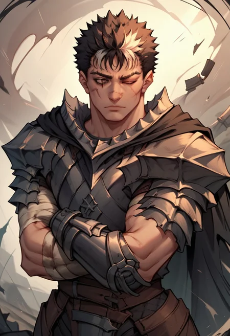 zPDXL, score_9, score_8_up, score_7_up, score_6_up, score_5_up, source_anime, 4k, absurdres, 1boy, solo,
 Guts_Armor, brown eyes, short hair, multicolored hair, spiked hair, black armor, shoulder armor, gauntlets, greaves, bandaged arm, black cape, torn cape, scar on nose, one eye closed, muscular male, wasteland background