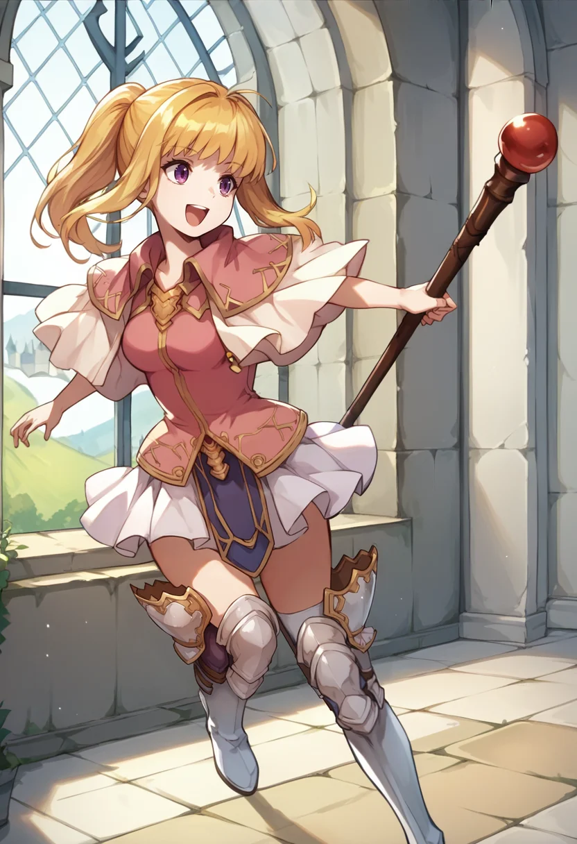 score_9, score_8_up, score_7_up, source_anime, 1girl, running, open mouth, smile, holding staff, <lora:ClarineFE-pdxl:1> defClarine, long hair, ponytail, sidelocks, pink shirt, medium breasts, capelet, white skirt, white thigh boots, leg armor, indoors, castle, window