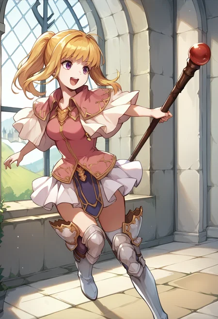 score_9, score_8_up, score_7_up, source_anime, 1girl, running, open mouth, smile, holding staff, <lora:ClarineFE-pdxl:1> defClarine, long hair, ponytail, sidelocks, pink shirt, medium breasts, capelet, white skirt, white thigh boots, leg armor, indoors, castle, window